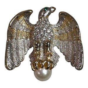 Vintage Eagle brooch pendant vintage gold tone rhinestones and large faux pearl